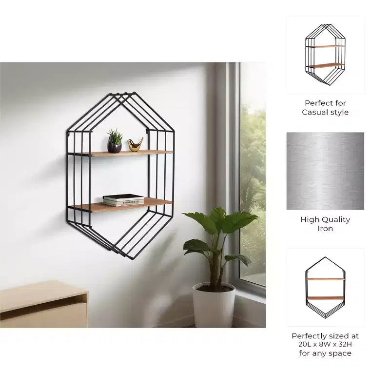 Esagono in Metallo con Ripiani in Legno per Decorazioni per la Casa - Contenitore a Parete Minimalista per Soggiorno, Camera da Leto o Ufficio - 32, Marrone e Nero