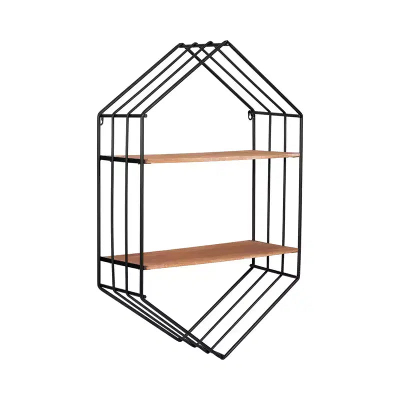 Esagono in Metallo con Ripiani in Legno per Decorazioni per la Casa - Contenitore a Parete Minimalista per Soggiorno, Camera da Leto o Ufficio - 32, Marrone e Nero