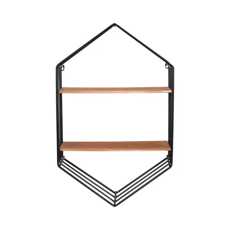 Esagono in Metallo con Ripiani in Legno per Decorazioni per la Casa - Contenitore a Parete Minimalista per Soggiorno, Camera da Leto o Ufficio - 32, Marrone e Nero