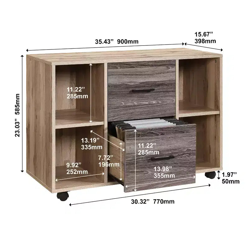 AndMakers Cassettiera per documenti a 3 cassetti larga 99 cm per ufficio domestico, cassettiera laterale mobile, supporto per stampante con ripiani a giorno