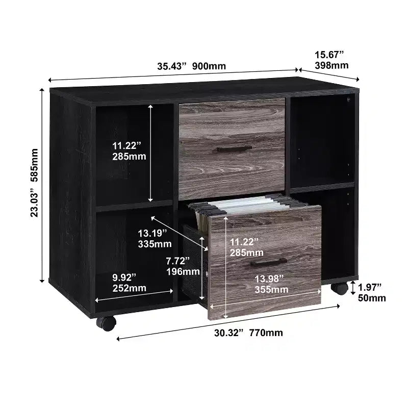 AndMakers Cassettiera per documenti a 3 cassetti larga 99 cm per ufficio domestico, cassettiera laterale mobile, supporto per stampante con ripiani a giorno