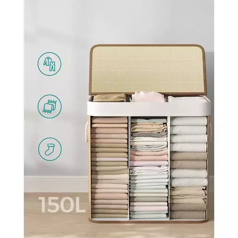 SONGMICS Cesto della Biancheria da 150L, Cesto Portabiancheria a 3 Scomparti, Cesto della Biancheria con Coperchio, Bambù, Pieghevole