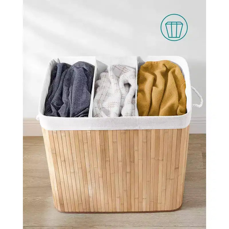 SONGMICS Cesto della Biancheria da 150L, Cesto Portabiancheria a 3 Scomparti, Cesto della Biancheria con Coperchio, Bambù, Pieghevole