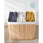 SONGMICS Cesto della Biancheria da 150L, Cesto Portabiancheria a 3 Scomparti, Cesto della Biancheria con Coperchio, Bambù, Pieghevole