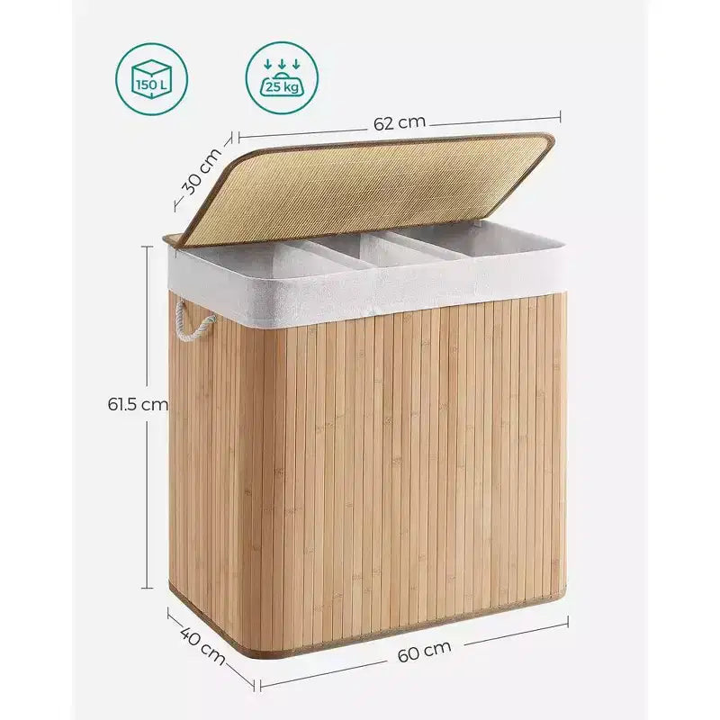 SONGMICS Cesto della Biancheria da 150L, Cesto Portabiancheria a 3 Scomparti, Cesto della Biancheria con Coperchio, Bambù, Pieghevole