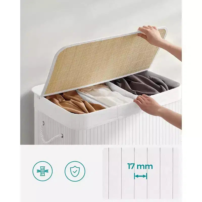 SONGMICS Cesto della Biancheria da 150L, Cesto Portabiancheria a 3 Scomparti, Cesto della Biancheria con Coperchio, Bambù, Pieghevole