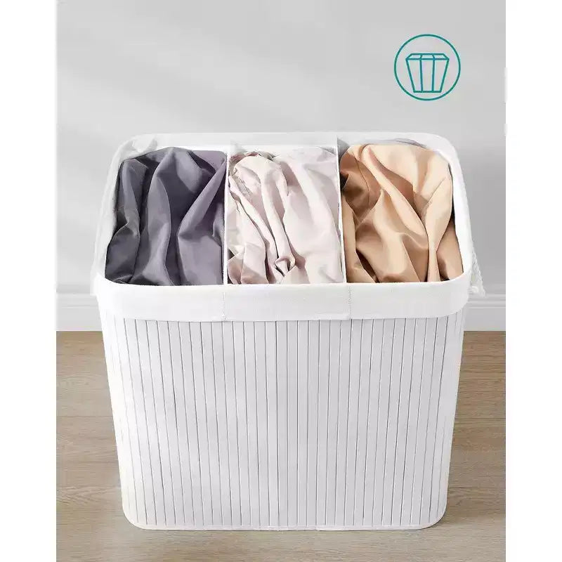 SONGMICS Cesto della Biancheria da 150L, Cesto Portabiancheria a 3 Scomparti, Cesto della Biancheria con Coperchio, Bambù, Pieghevole
