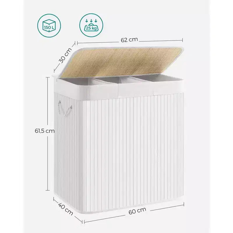 SONGMICS Cesto della Biancheria da 150L, Cesto Portabiancheria a 3 Scomparti, Cesto della Biancheria con Coperchio, Bambù, Pieghevole