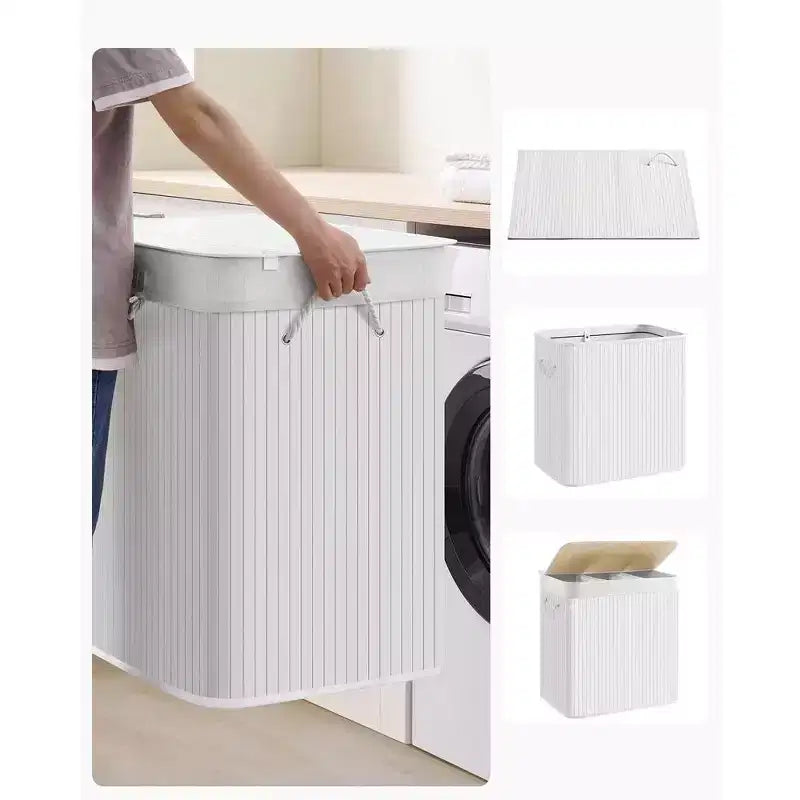 SONGMICS Cesto della Biancheria da 150L, Cesto Portabiancheria a 3 Scomparti, Cesto della Biancheria con Coperchio, Bambù, Pieghevole