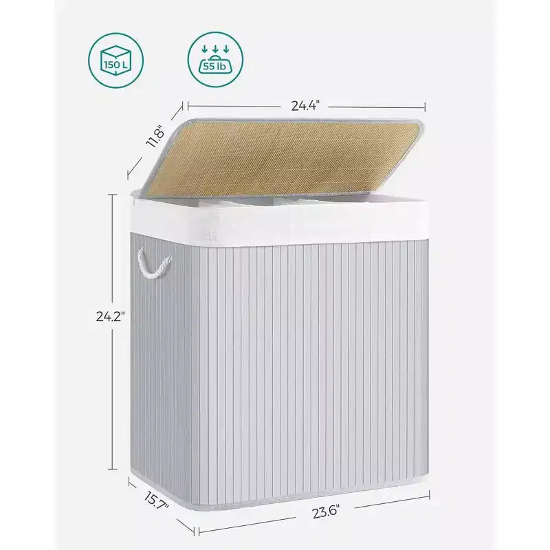 SONGMICS Cesto della Biancheria da 150L, Cesto Portabiancheria a 3 Scomparti, Cesto della Biancheria con Coperchio, Bambù, Pieghevole