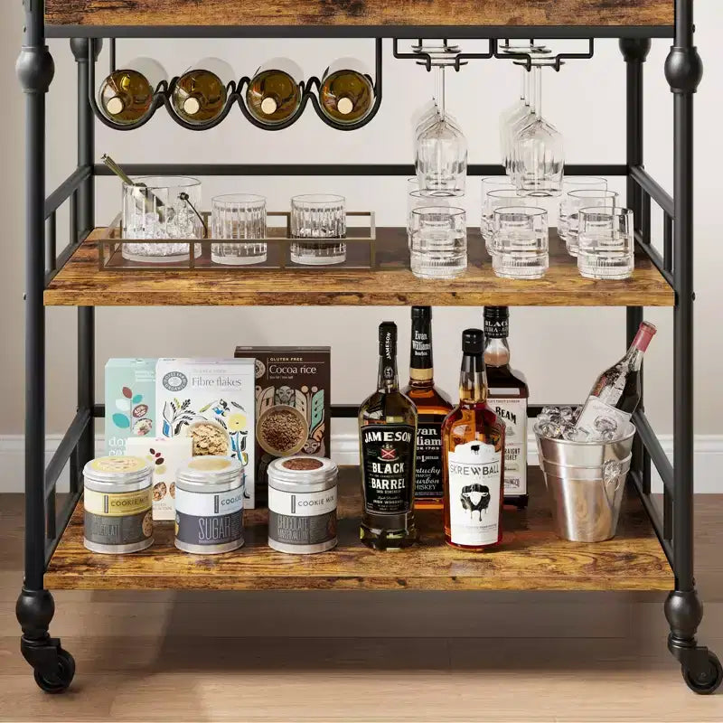 Carrello Bar, Carrelli Bar per la Casa, Carrello di Servizio a 3 Livelli con Ruote, Carrello in Metallo con Portabottiglie e Vassoio Rimovibile per Cucina, Sala da Pranzo