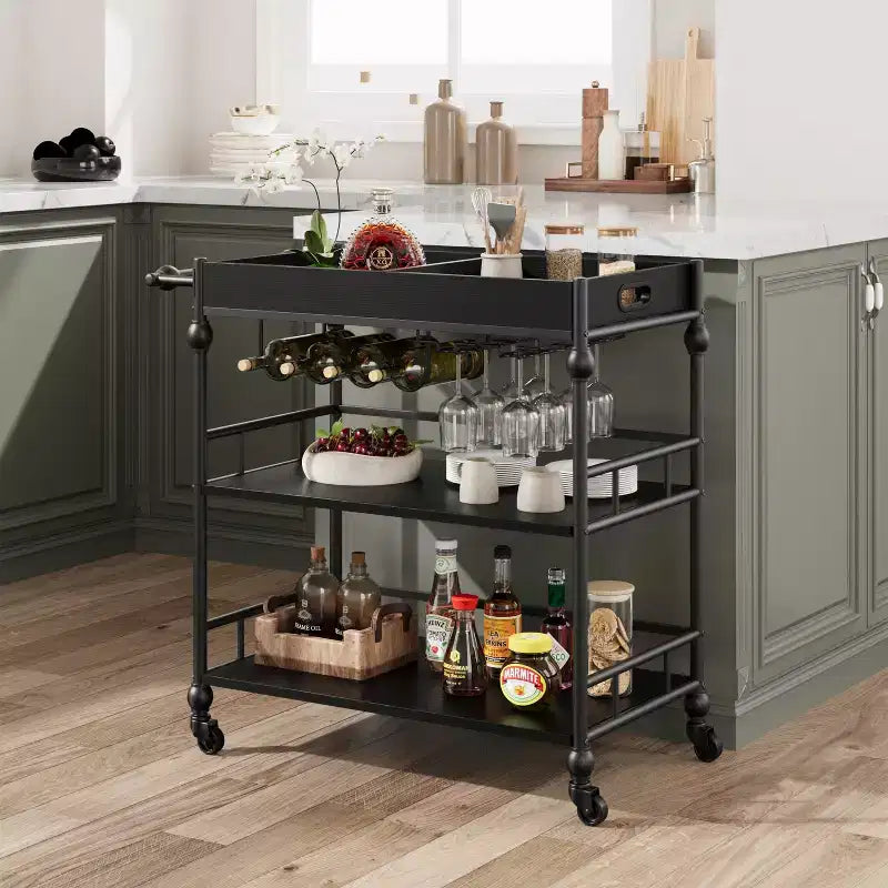 Carrello Bar, Carrelli Bar per la Casa, Carrello di Servizio a 3 Livelli con Ruote, Carrello in Metallo con Portabottiglie e Vassoio Rimovibile per Cucina, Sala da Pranzo