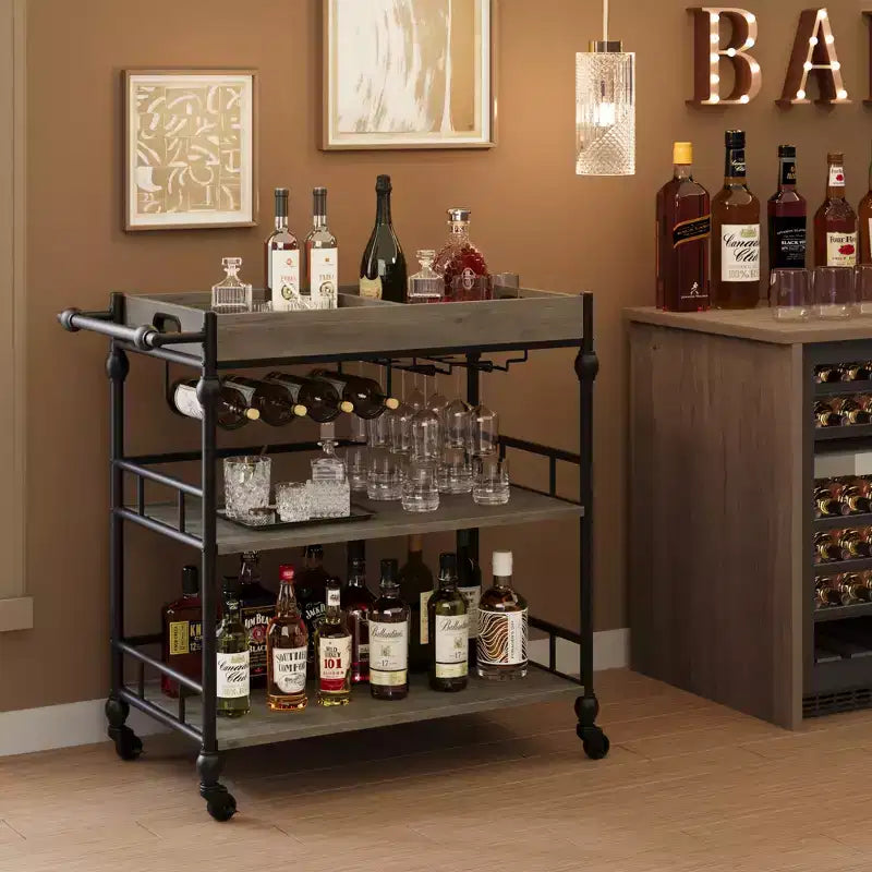 Carrello Bar, Carrelli Bar per la Casa, Carrello di Servizio a 3 Livelli con Ruote, Carrello in Metallo con Portabottiglie e Vassoio Rimovibile per Cucina, Sala da Pranzo