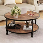 Garvee Coffee Table Round Rustic Center Table with Storage Shelf Wood Circle Coffee Table with Sturdy Metal Legs Living Room