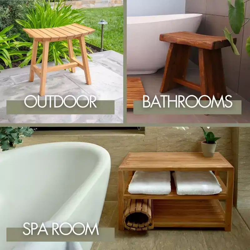 Nordic Teak 30 Panca curva da doccia e vasca da bagno con ripiano - Beige