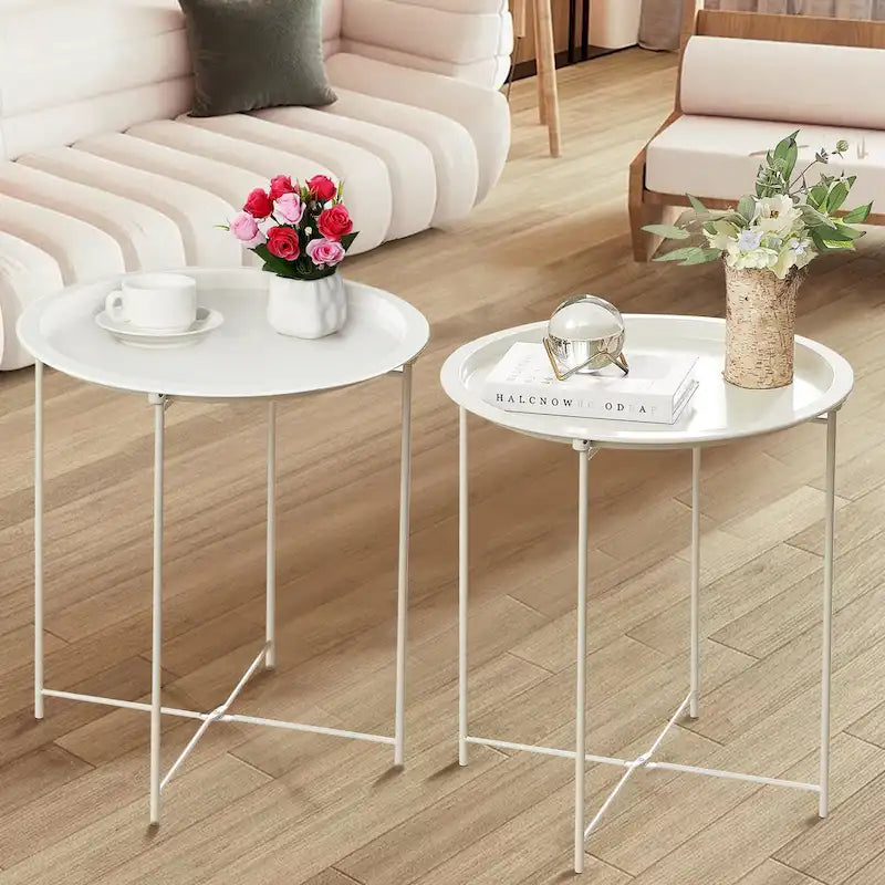 VECELO Side/End Table, Folding Round Metal Anti-Rust and Waterproof Outdoor for Living Room Bedroom,Nightstands