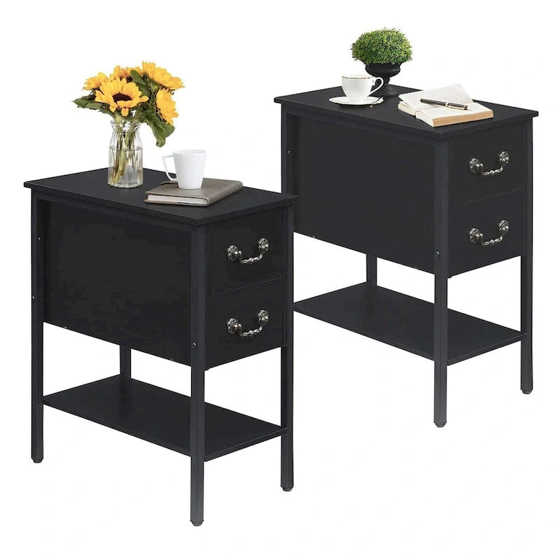 Comodino stretto a 2 cassetti in stile industriale (set da 2)