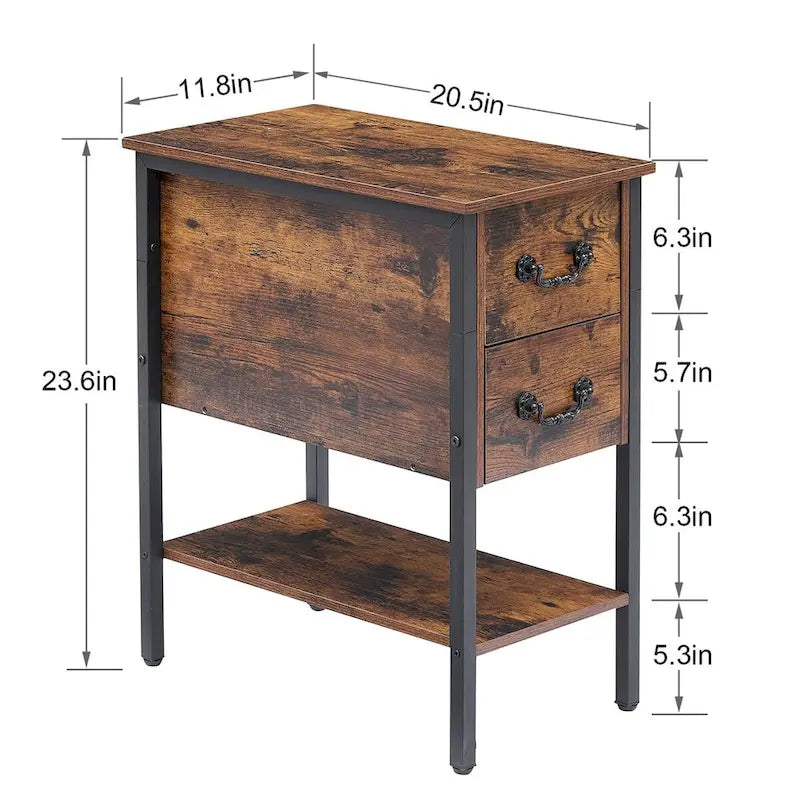 Comodino stretto a 2 cassetti in stile industriale (set da 2)