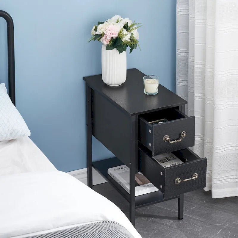 Comodino stretto a 2 cassetti in stile industriale (set da 2)