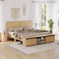 Whizmax Natural Rattan Bed Frame with Sliding Barn Door Storage Cabinets and LED Light Headboard, Boho Farmhouse Wood Platform Bed