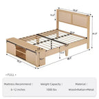 Whizmax Letto a Piattaforma in Legno con Struttura in Rattan Naturale, Testiera con Luci a LED e Armadietti a Scorrimento "Barn Door", Stile Bohémien Rustico