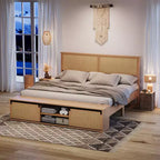 Whizmax Letto a Piattaforma in Legno con Struttura in Rattan Naturale, Testiera con Luci a LED e Armadietti a Scorrimento "Barn Door", Stile Bohémien Rustico
