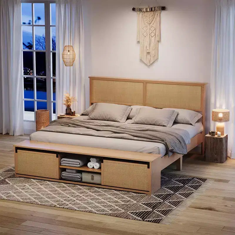 Whizmax Letto a Piattaforma in Legno con Struttura in Rattan Naturale, Testiera con Luci a LED e Armadietti a Scorrimento "Barn Door", Stile Bohémien Rustico