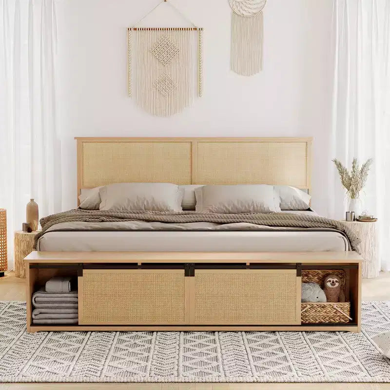 Whizmax Letto a Piattaforma in Legno con Struttura in Rattan Naturale, Testiera con Luci a LED e Armadietti a Scorrimento "Barn Door", Stile Bohémien Rustico