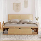 Whizmax Letto a Piattaforma in Legno con Struttura in Rattan Naturale, Testiera con Luci a LED e Armadietti a Scorrimento "Barn Door", Stile Bohémien Rustico