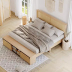 Whizmax Letto a Piattaforma in Legno con Struttura in Rattan Naturale, Testiera con Luci a LED e Armadietti a Scorrimento "Barn Door", Stile Bohémien Rustico