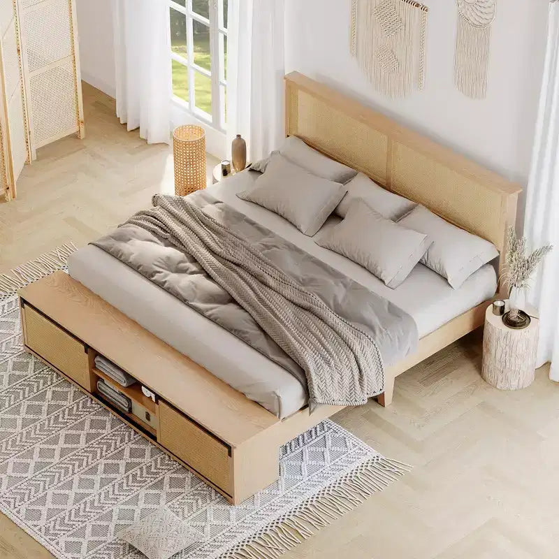 Whizmax Letto a Piattaforma in Legno con Struttura in Rattan Naturale, Testiera con Luci a LED e Armadietti a Scorrimento "Barn Door", Stile Bohémien Rustico