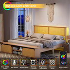 Whizmax Letto a Piattaforma in Legno con Struttura in Rattan Naturale, Testiera con Luci a LED e Armadietti a Scorrimento "Barn Door", Stile Bohémien Rustico