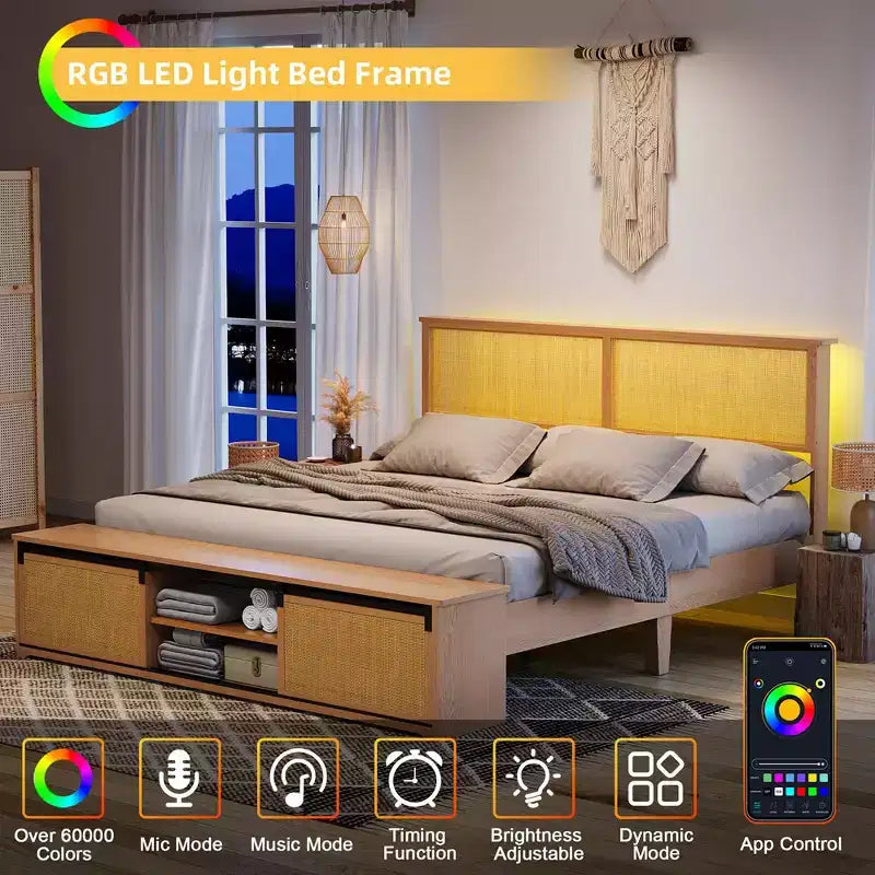 Whizmax Letto a Piattaforma in Legno con Struttura in Rattan Naturale, Testiera con Luci a LED e Armadietti a Scorrimento "Barn Door", Stile Bohémien Rustico