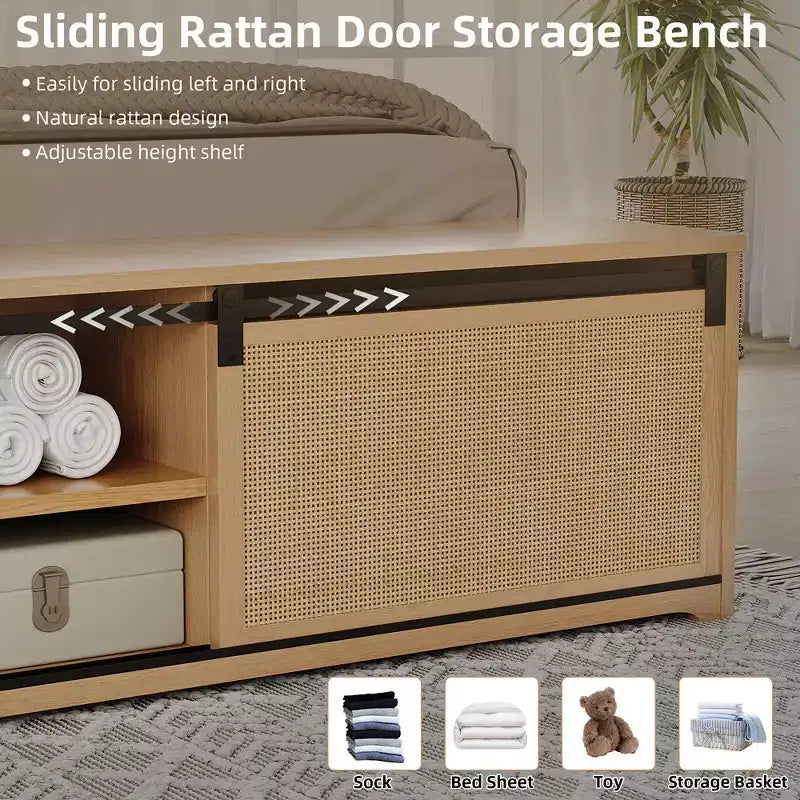 Whizmax Letto a Piattaforma in Legno con Struttura in Rattan Naturale, Testiera con Luci a LED e Armadietti a Scorrimento "Barn Door", Stile Bohémien Rustico