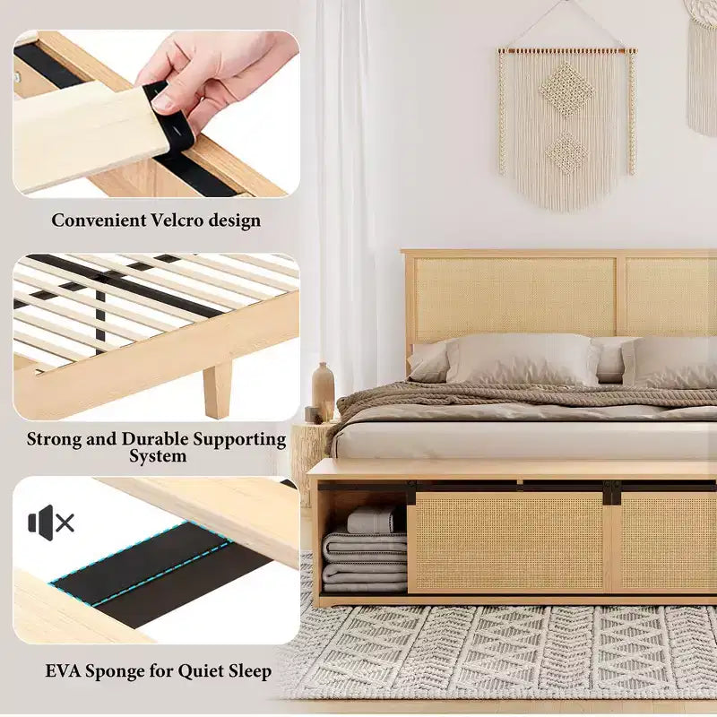 Whizmax Letto a Piattaforma in Legno con Struttura in Rattan Naturale, Testiera con Luci a LED e Armadietti a Scorrimento "Barn Door", Stile Bohémien Rustico