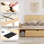 Whizmax Letto a Piattaforma in Legno con Struttura in Rattan Naturale, Testiera con Luci a LED e Armadietti a Scorrimento "Barn Door", Stile Bohémien Rustico