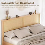 Whizmax Letto a Piattaforma in Legno con Struttura in Rattan Naturale, Testiera con Luci a LED e Armadietti a Scorrimento "Barn Door", Stile Bohémien Rustico