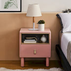 Comodino moderno a 1 cassetto in legno, tavolino piccolo con ripiano aperto, maniglie in pelle, stile nordico