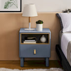 Comodino moderno a 1 cassetto in legno, tavolino piccolo con ripiano aperto, maniglie in pelle, stile nordico