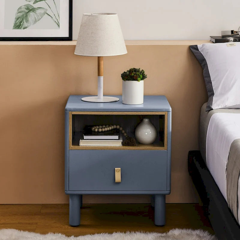 Comodino moderno a 1 cassetto in legno, tavolino piccolo con ripiano aperto, maniglie in pelle, stile nordico