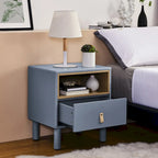 Comodino moderno a 1 cassetto in legno, tavolino piccolo con ripiano aperto, maniglie in pelle, stile nordico