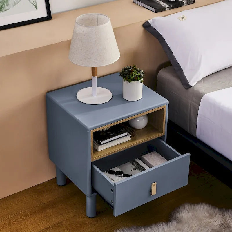 Comodino moderno a 1 cassetto in legno, tavolino piccolo con ripiano aperto, maniglie in pelle, stile nordico