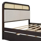 Letto a piattaforma matrimoniale in legno con rotelle estraibili e 2 cassetti, accenti in rattan 4S - ModernLuxe
