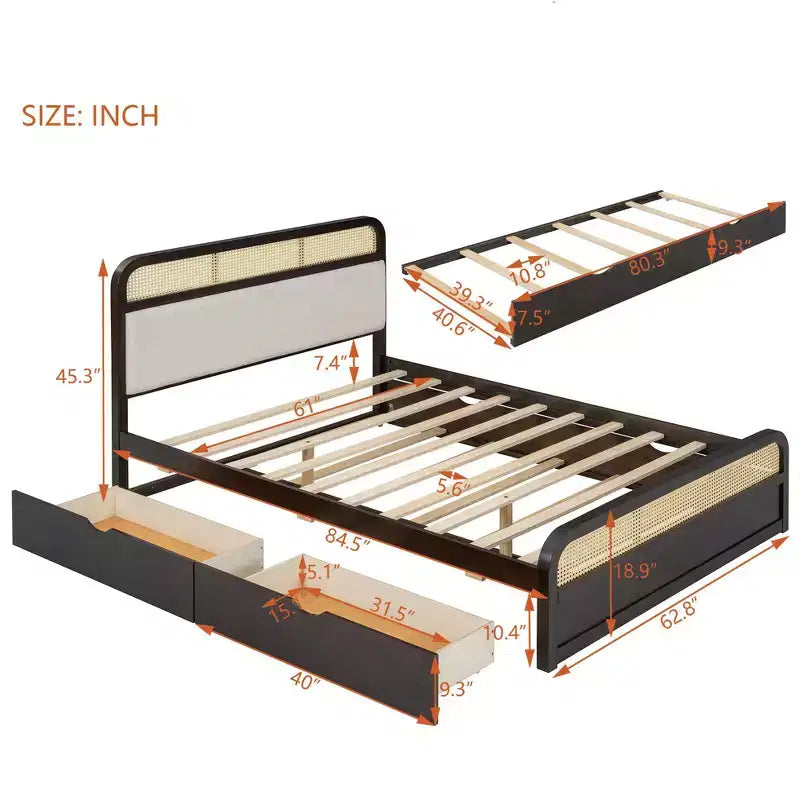 Letto a piattaforma matrimoniale in legno con rotelle estraibili e 2 cassetti, accenti in rattan 4S - ModernLuxe