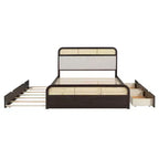 Letto a piattaforma matrimoniale in legno con rotelle estraibili e 2 cassetti, accenti in rattan 4S - ModernLuxe