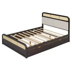 Letto a piattaforma matrimoniale in legno con rotelle estraibili e 2 cassetti, accenti in rattan 4S - ModernLuxe