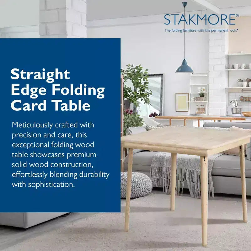 Stakmore Classic, tavolo da gioco pieghevole in legno massello con bordo dritto, telaio non verniciato