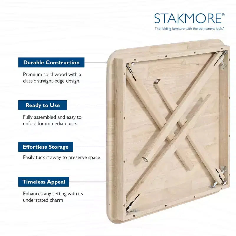 Stakmore Classic, tavolo da gioco pieghevole in legno massello con bordo dritto, telaio non verniciato