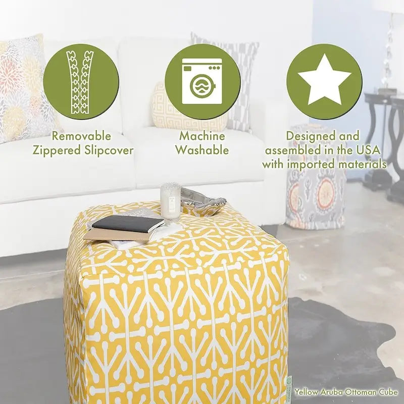 Pouf cubo da interno in twill di cotone con stampa a elefante