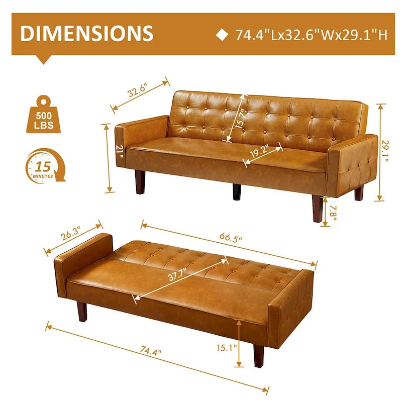 Divano letto, Divano letto futon, Divano a due posti in ecopelle, Divano letto a due posti per soggiorno, ospiti
